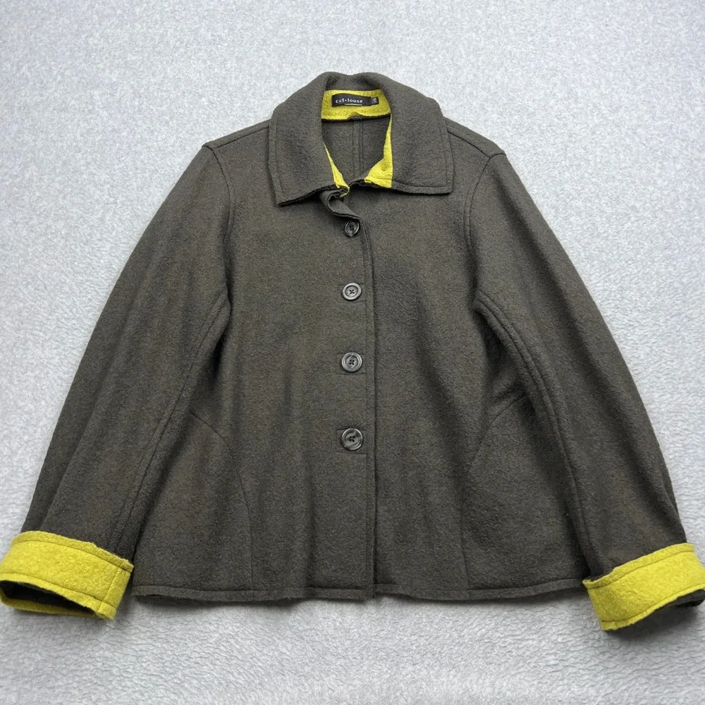 Cut Loose Boiled Wool Jacket Womens L/XL Brown Button Front Contrast Trim Blazer